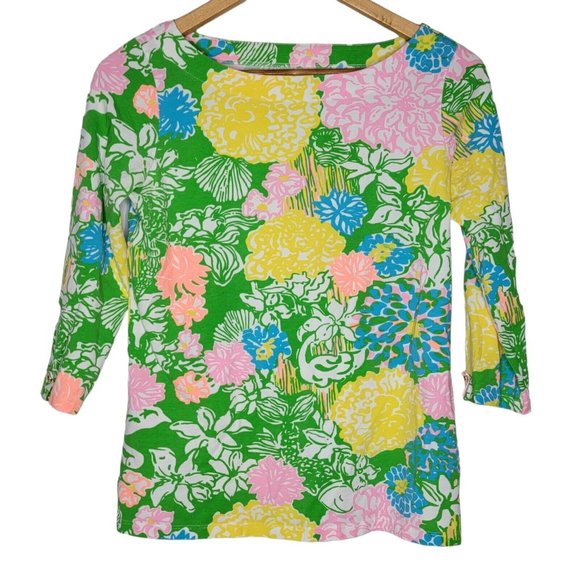 Lilly Pulitzer Small Hibiscus Stroll Multicolored Juline 3/4 Sleeve Women's Top - Picture 1 of 3